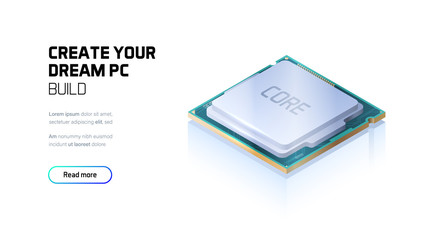 Gaming and workstation computer CPU isometric illustration, custom PC components, computer store and service, hi-tech website