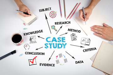 Case study Concept. Chart with keywords and icons.  The meeting at the white office table