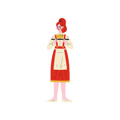 Canvas Print - Waitress Standing with Tray, Hotel Staff Character in Red Uniform Vector Illustration