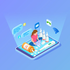 Poster - woman buys medications, drugs with laptop. online pharmacy isometric vector concept. illustration of
