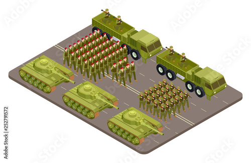 Cuadros en Lienzo Military parade vector isometric with soldiers and military equipment