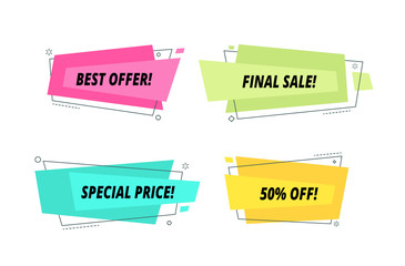 Poster - Modern sale tags set. Price label text shape bubble wholesale purchase banner promotional ribbon colorful shopping vector sticker. Discount bubble shape, price promo label illustration