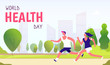 © MicroOne - World health day background. Healthy lifestyle man woman fitness fun runner healthcare global medicine holiday vector concept. Runner health sport, fitness exercise activity illustration