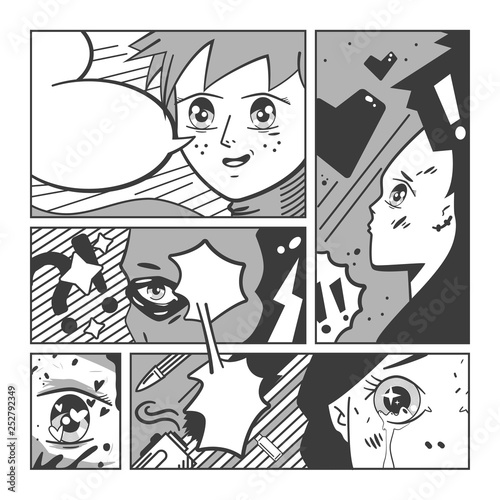 Dekoracja na wymiar  manga-strona-komiksow-anime-z-ludzmi-i-dymkiem-ilustracja-kreskowka-wektor