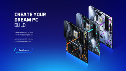 gaming pc motherboard isometric illustration, custom computer components for workstation, computer s