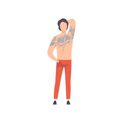 Wall Mural - Man with Bare Torso, Guy Having Tattoo on His Chest Vector Illustration