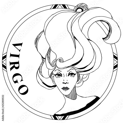 Vector Illustration Of Sign Zodiac Virgo Girl Face With Long Hair