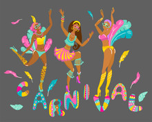 Three Beautiful Cheerful Girls, Dancers At A Festival Or Carnival In Bikini And Feathers