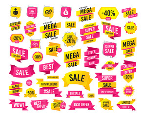 Poster - Sale banner. Super mega discounts. Business icons. Human silhouette and presentation board with charts signs. Dollar money bag and gear symbols. Black friday. Cyber monday. Vector