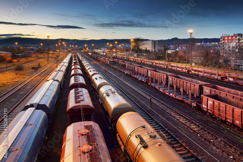 Fotomural Container Freight Train in Station, Cargo railway transportation industry
