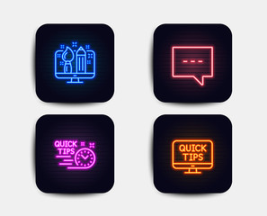 Poster - Neon set of Creative design, Blog and Quick tips icons. Web tutorials sign. Designer, Chat message, Helpful tricks. Quick tips. Neon icons. Glowing light banners. Vector
