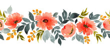 Watercolor Horizontal Seamless Pattern With Red Flowers