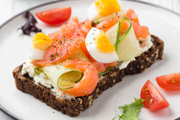 Wall Mural - Salmon toast with cream cheese, cucumber and egg. Delicious lunch, healthy food, fish sandwich, diet snack