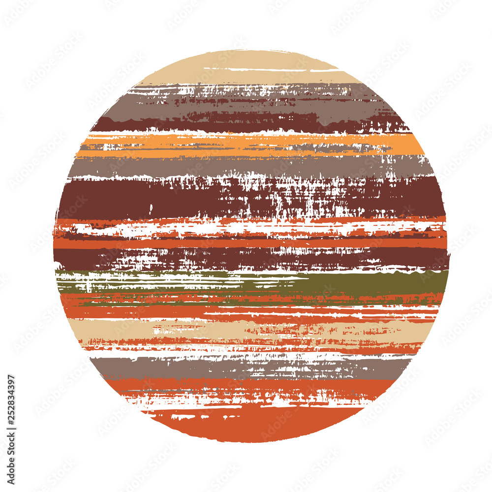 Abstract circle vector geometric shape with stripes texture of ink horizontal lines. Planet concept with old paint texture. Stamp round shape circle logo element with grunge stripes background. - obrazy, fototapety, plakaty 