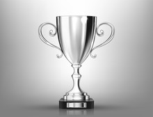 Champion Silver Trophy On Gray Background. Realistic Vector Illustration