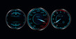 © Yuliia - Set of isolated dashboard speedometers. Realistic sensor panel with arrows. Vector scale of level gasoline, vehicle tachometer, car speedometer. Chrome neon board. Measuring speed illustration.
