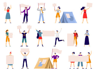 Protesters people. Peaceful protest march, activist holding banner or placard and protesting activists flat vector illustration