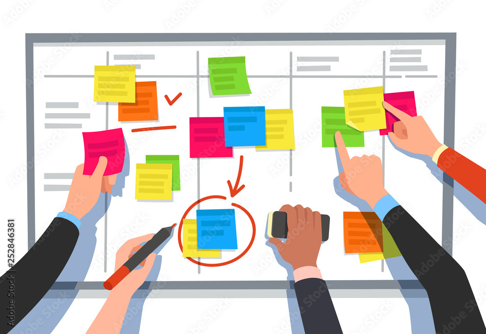 Scrum board. Task list, planning team tasks and collaboration plan flowchart. Business workflow scheme cartoon vector illustration - obrazy, fototapety, plakaty 