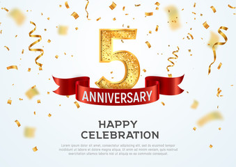 Wall Mural - 5 years anniversary vector banner template. Five year jubilee with red ribbon and confetti on white background