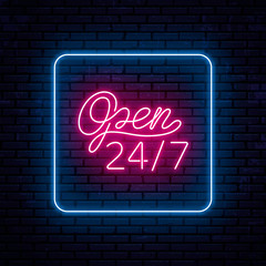Wall Mural - Beautiful neon inscription open 24 hours 7 days a week. Located in the center of a square with rounded corners. Ready sketch for neon sign. Vector Illustration.