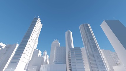 Poster - loopable 3d render of abstract bright city with skyscrapers. Simple forms of buildings in daylight.