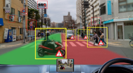 iot smart automotive Driverless car with artificial intelligence combine with deep learning technology. self driving car can situational awareness around the car, letting it navigate itself 360 degree