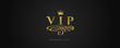 VIP - Glitter gold logo with crown and flourishes element  on black background. Vector illustration.