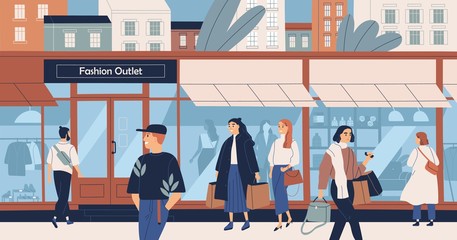 Wall Mural - Fashion outlet, mass market apparel store, trendy clothing boutique, shopping center or mall and people, buyers or customers walking along city street. Flat cartoon colorful vector illustration.