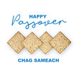 Happy Passover Jewish Holiday concept, studio image. Top view matzah isolated on white background, happy passover calligraphic text.
