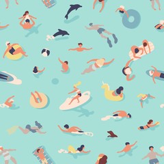 Poster - Summer seamless pattern with people swimming, diving, surfing, lying on floating air mattress, playing with ball in sea or ocean. Flat cartoon vector illustration for textile print, wrapping paper.