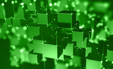 Poster - Block chain. The global architecture of the information space of the future. 3D illustration of an array of cubes with bright neon rays of light.