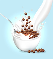 Milk splash in a bowl Vector realistic. Blue background 3d detailed effect illustrations