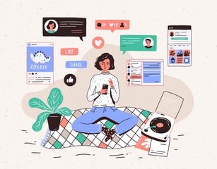 Poster - Young woman sitting on floor at home, holding smartphone and chatting in messenger or social network. Internet communication, online instant messaging or information exchange. Vector illustration.