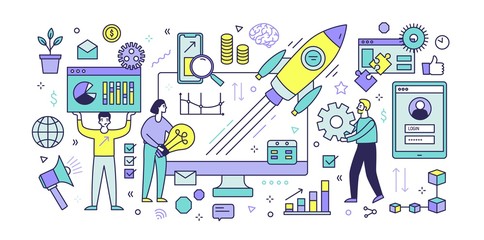 Aufkleber - Banner template with computer display, diagrams, charts, graphs, flying spaceship and people working together under digital startup project launch. Modern vector illustration in line art style.