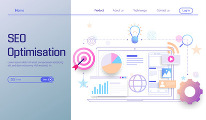 SEO optimization technology modern flat design, search engine analytics, web analytics, social and data analytics vector