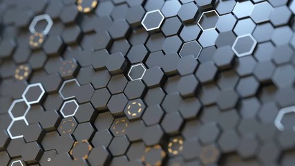 Canvas Print - Futuristic surface with hexagons. Computer generated abstract motion background. Seamless loop 3D render animation with DOF