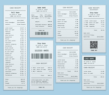 Set Paper Check And Financial Check Isolated. Cash Register Sales Receipts Printed On Thermal Rolled Paper. Cash Receipt Vector Illustration