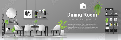 Fotografía Interior background with dining room in modern black and white scandinavian styl