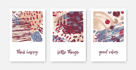 Poster - Set of modern decorative card templates with inspirational phrases or messages and abstract stains, blots, brush strokes, scribble, paint traces. Trendy vector illustration in contemporary art style.
