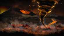 Extreme Weather With Tornado Twister And Erupting Volcano In The Background. Montage