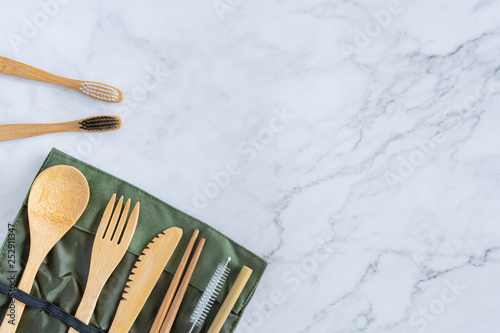 Bamboo Wood Toothbrush On Clean White Marble Table Top View Background Concept For Save The Earth Day World Environmental Plastic Free Kitchen Flat Lay Lifestyle Bathroom Reusable Wood Product Buy This