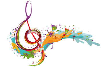 abstract musical design with a treble clef and colorful splashes and waves. hand drawn vector illust