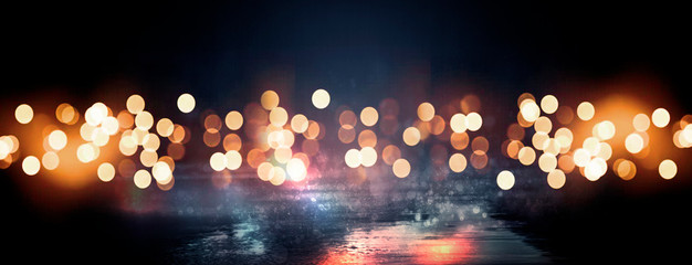 Fototapete - Background of wet asphalt with neon light. Blurred background, night lights, reflection.
