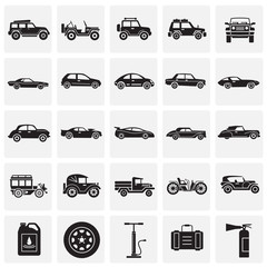 Poster - Cars icons set on squares background for graphic and web design. Simple vector sign. Internet concept symbol for website button or mobile app.