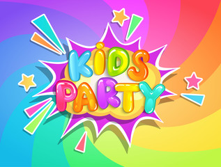 Kids party banner on rainbow swirl spiral background in cartoon style. Place for fun and play, kids game room for birthday party. Poster for children's playroom decoration. Vector illustration.