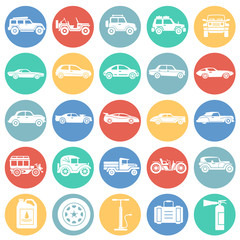 Poster - Cars icons set on colro circles white background for graphic and web design. Simple vector sign. Internet concept symbol for website button or mobile app.