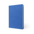 Blue standing hardcover book isolated, perspective view. Cover made of natural linen fabric with uneven rough texture.