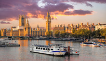 Big Ben And Houses Of Parliament With Boat In London, England, UK