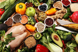 Fototapeta Kuchnia - Healthy food clean eating selection. fruit, vegetable, seeds, superfood, cereals, leaf vegetable on rustic background