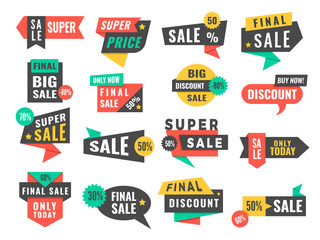 Wall Mural - Sale badges. Advertising promo labels offers and big discount vector pictures set. Illustration of special advertising, promotion label for sale